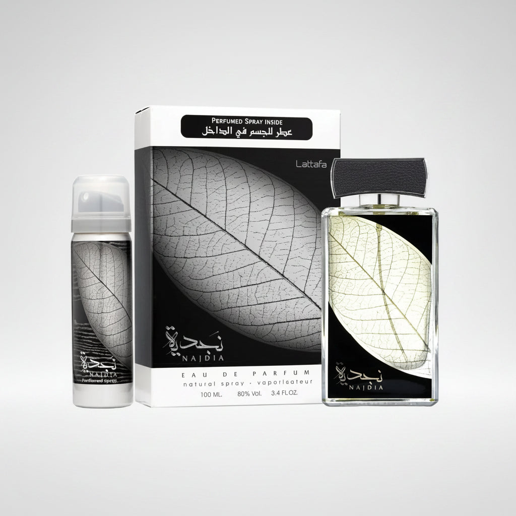 Najdia perfume set with bottle and packaging on a white background