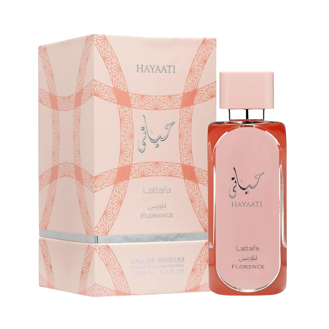 Lattafa Hayaati Florence EDP 100ml perfume bottle and box slight side angle – graceful floral fruity fragrance packaging