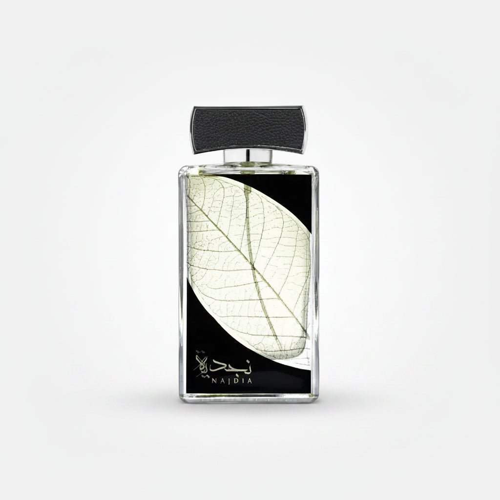 Perfume bottle with leaf design on a white background