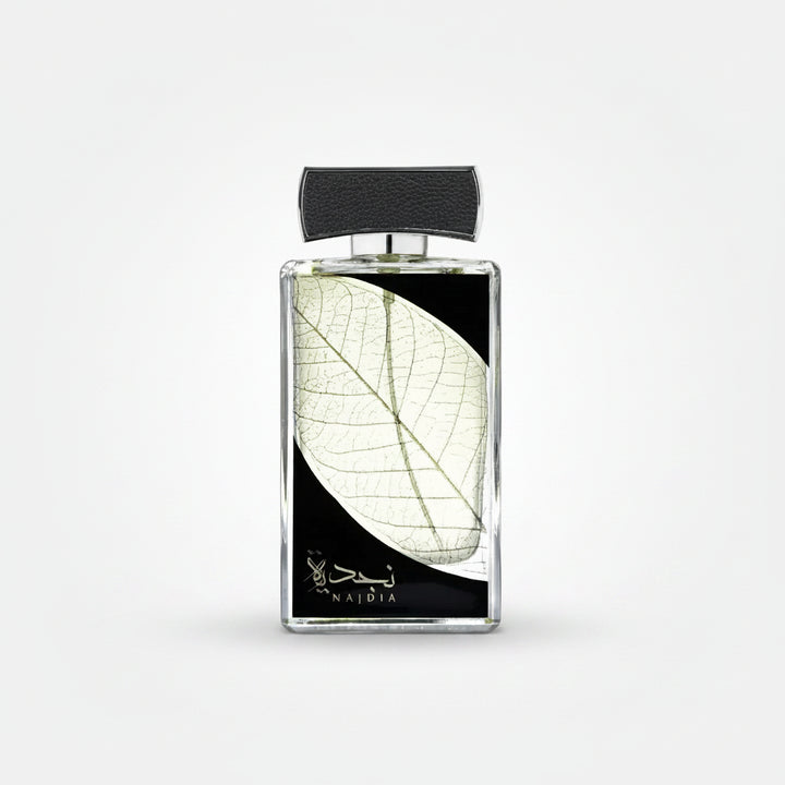 Perfume bottle with leaf design on a white background