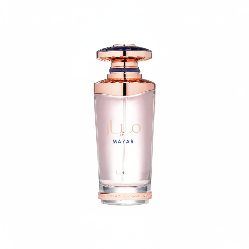 Perfume bottle with rose gold cap and base on a white background