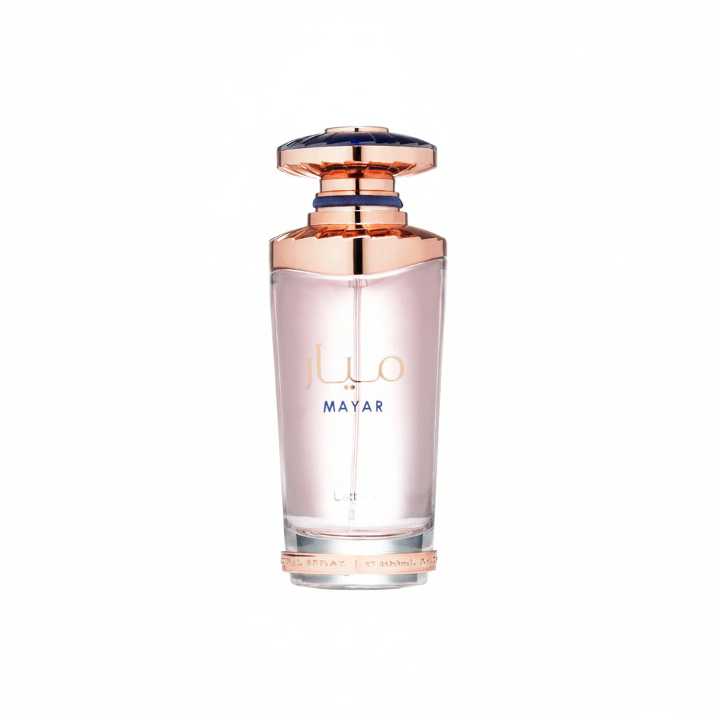 Perfume bottle with rose gold cap and base on a white background