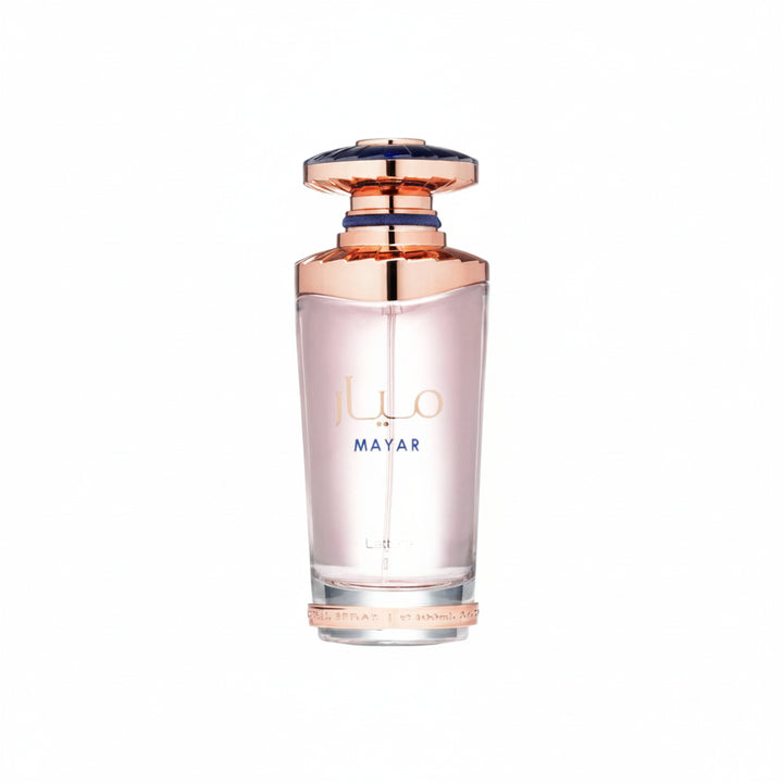 Perfume bottle with rose gold cap and base on a white background