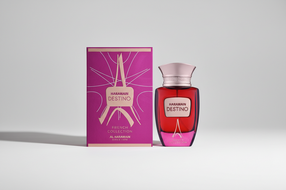 Al Haramain Destino French Collection EDP 100ml perfume bottle and box – elegant fruity floral fragrance with top notes bergamot black currant pear, heart of jasmine orange blossom peony, base of vanilla amber musk cedarwood
