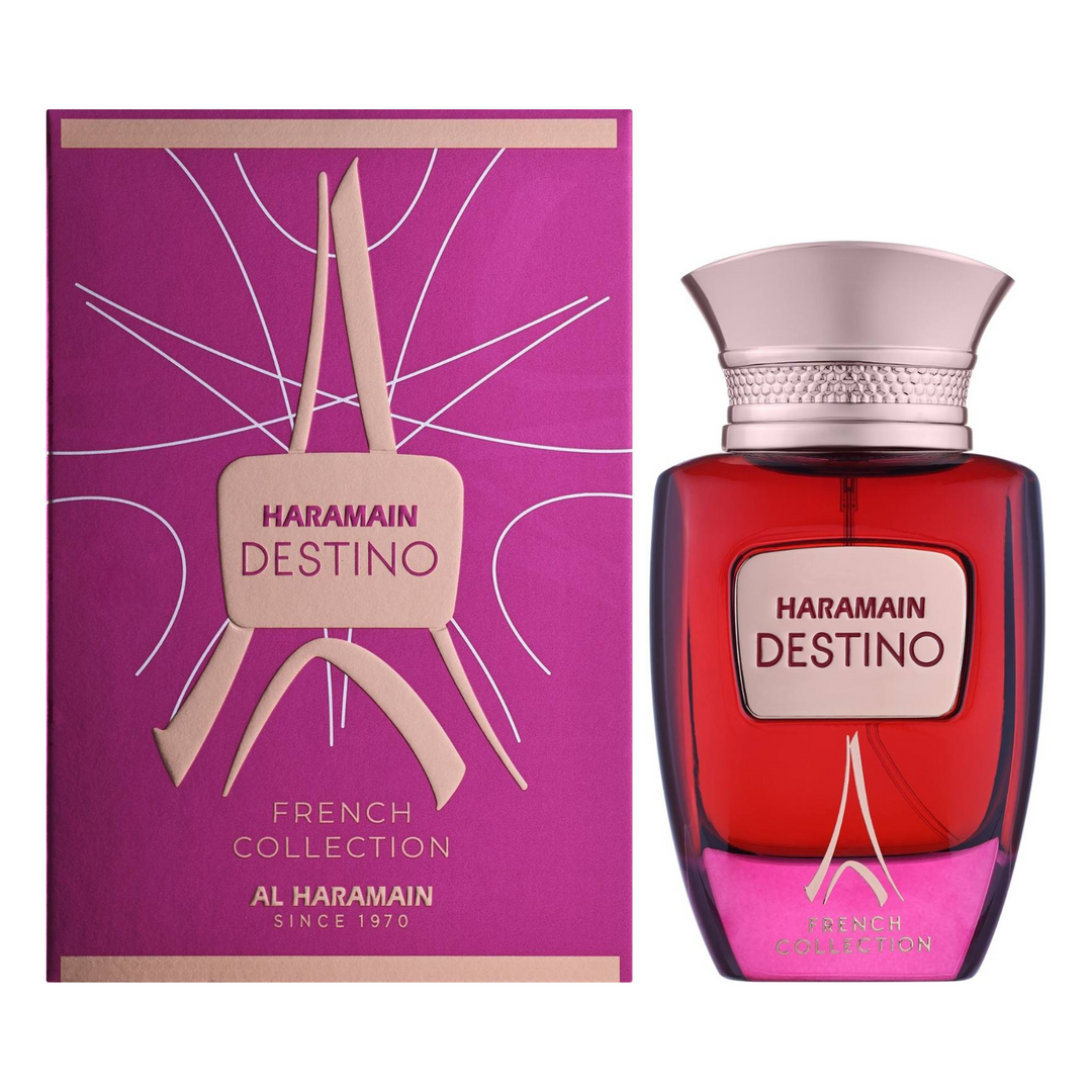 Al Haramain Destino French Collection EDP 100ml perfume bottle and box – elegant fruity floral fragrance with top notes bergamot black currant pear, heart of jasmine orange blossom peony, base of vanilla amber musk cedarwood