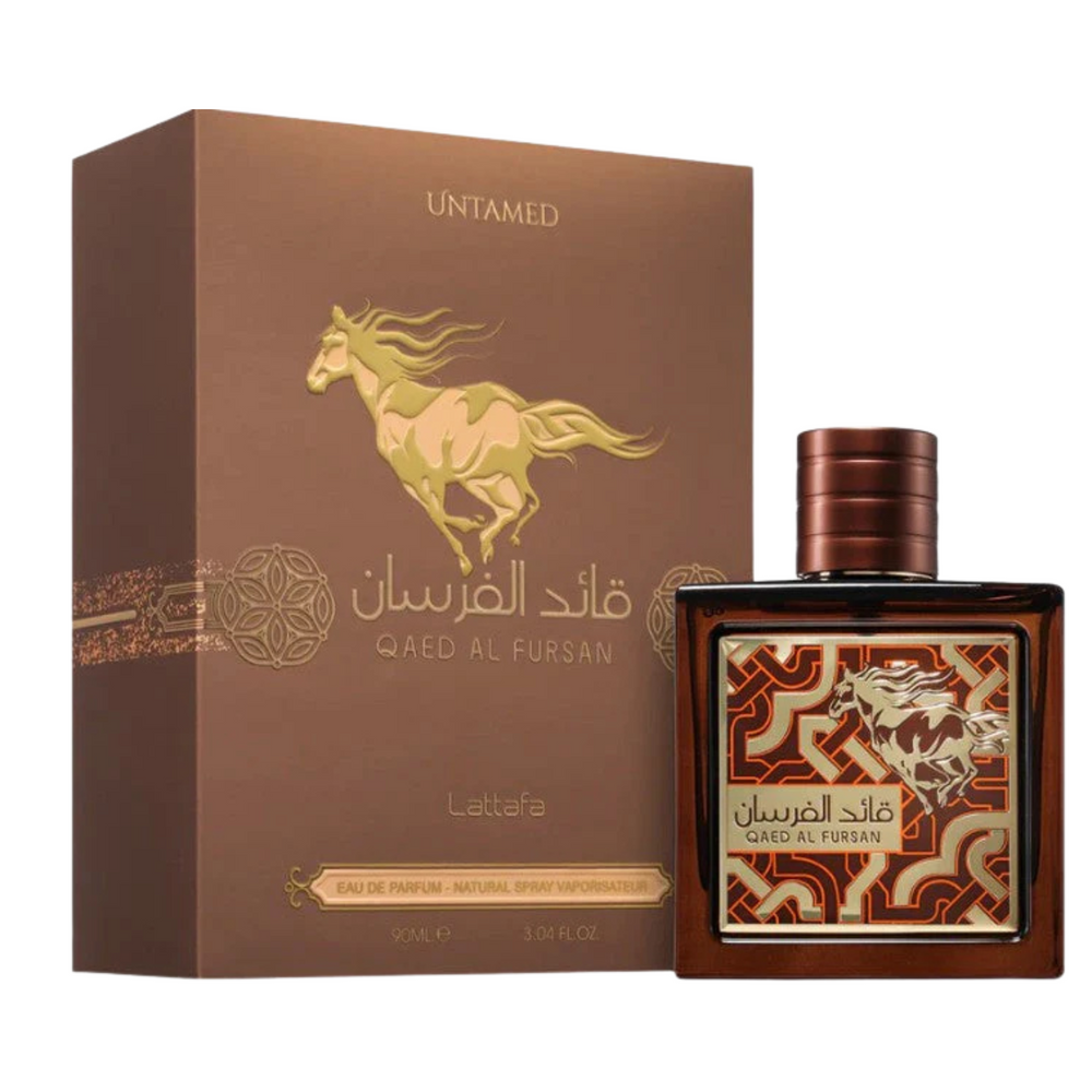 Lattafa Qaed Al Fursan Untamed EDP 100ml perfume bottle and box slight side angle – powerful rich woody oriental scent