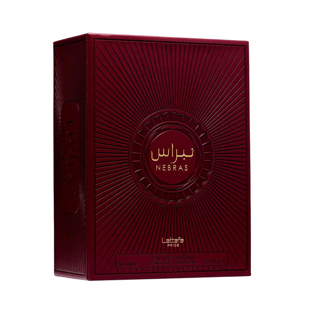 Lattafa Nebras EDP 100ml perfume box only slight side angle – elegant gourmand fragrance packaging