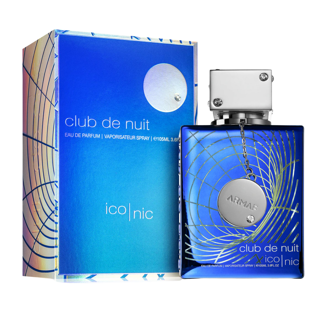 Armaf Club De Nuit Blue Iconic EDP 105ml perfume bottle and box slight side angle – bold long lasting fresh spicy woody scent with grapefruit lemon mint pink pepper, ginger nutmeg jasmine, incense sandalwood cedarwood patchouli