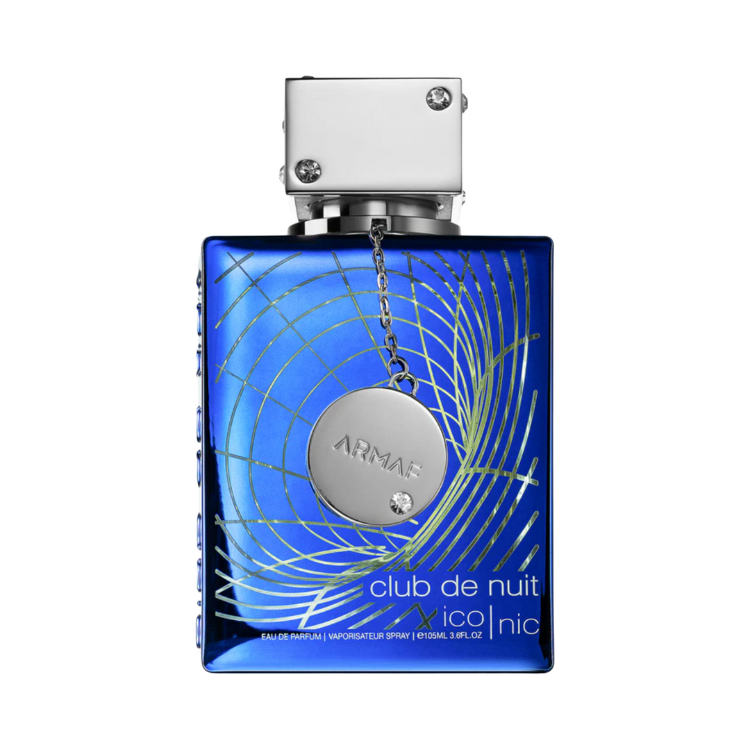 Straight front view of Armaf Club De Nuit Blue Iconic EDP 105ml perfume bottle – vibrant fresh spicy woody fragrance with top notes grapefruit lemon mint pink pepper, heart of ginger nutmeg jasmine, base of incense sandalwood cedarwood patchouli