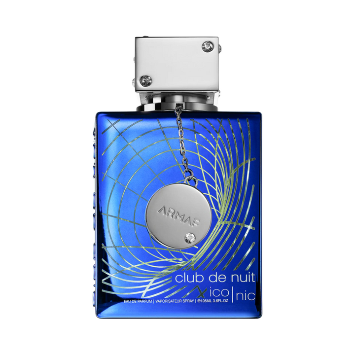 Straight front view of Armaf Club De Nuit Blue Iconic EDP 105ml perfume bottle – vibrant fresh spicy woody fragrance with top notes grapefruit lemon mint pink pepper, heart of ginger nutmeg jasmine, base of incense sandalwood cedarwood patchouli