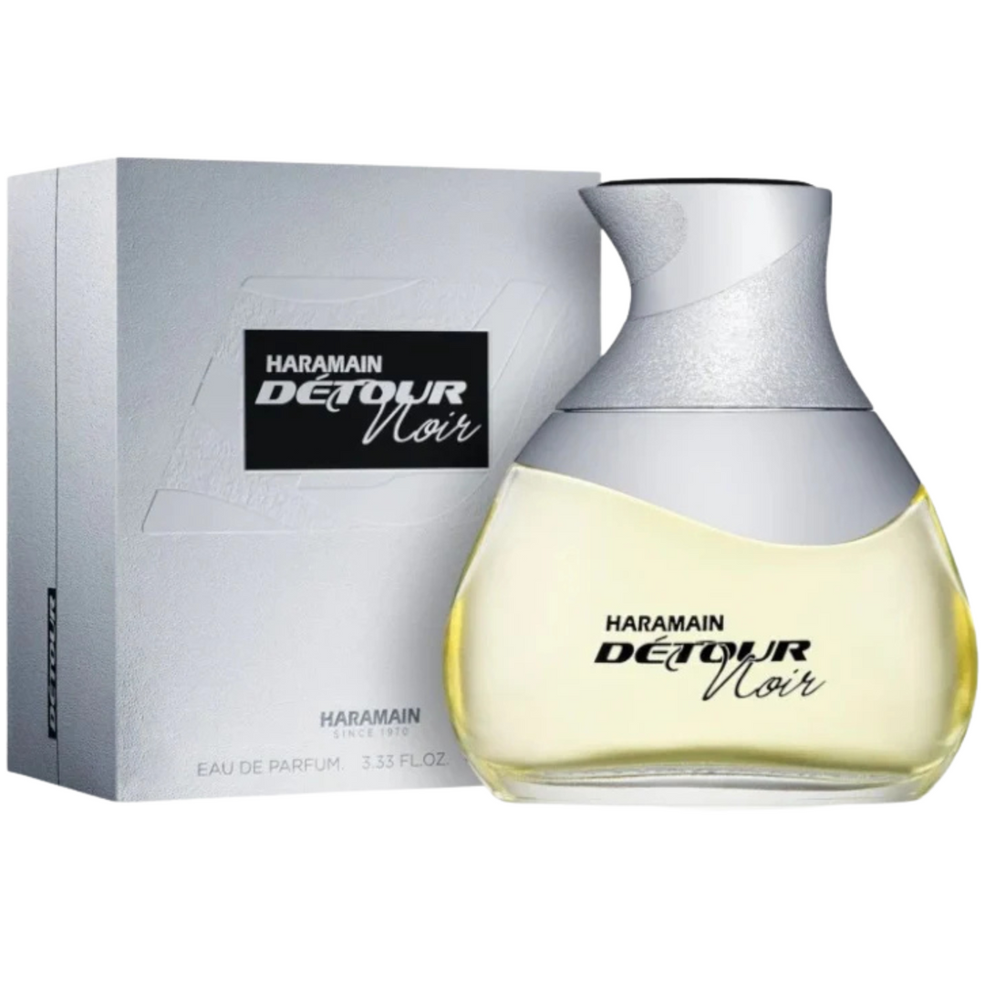 Al Haramain Detour Noir EDP 100ml perfume bottle and box front view – elegant long lasting fresh spicy woody scent with bergamot grapefruit lemon, lavender rosemary violet leaf, cedarwood amber musk patchouli