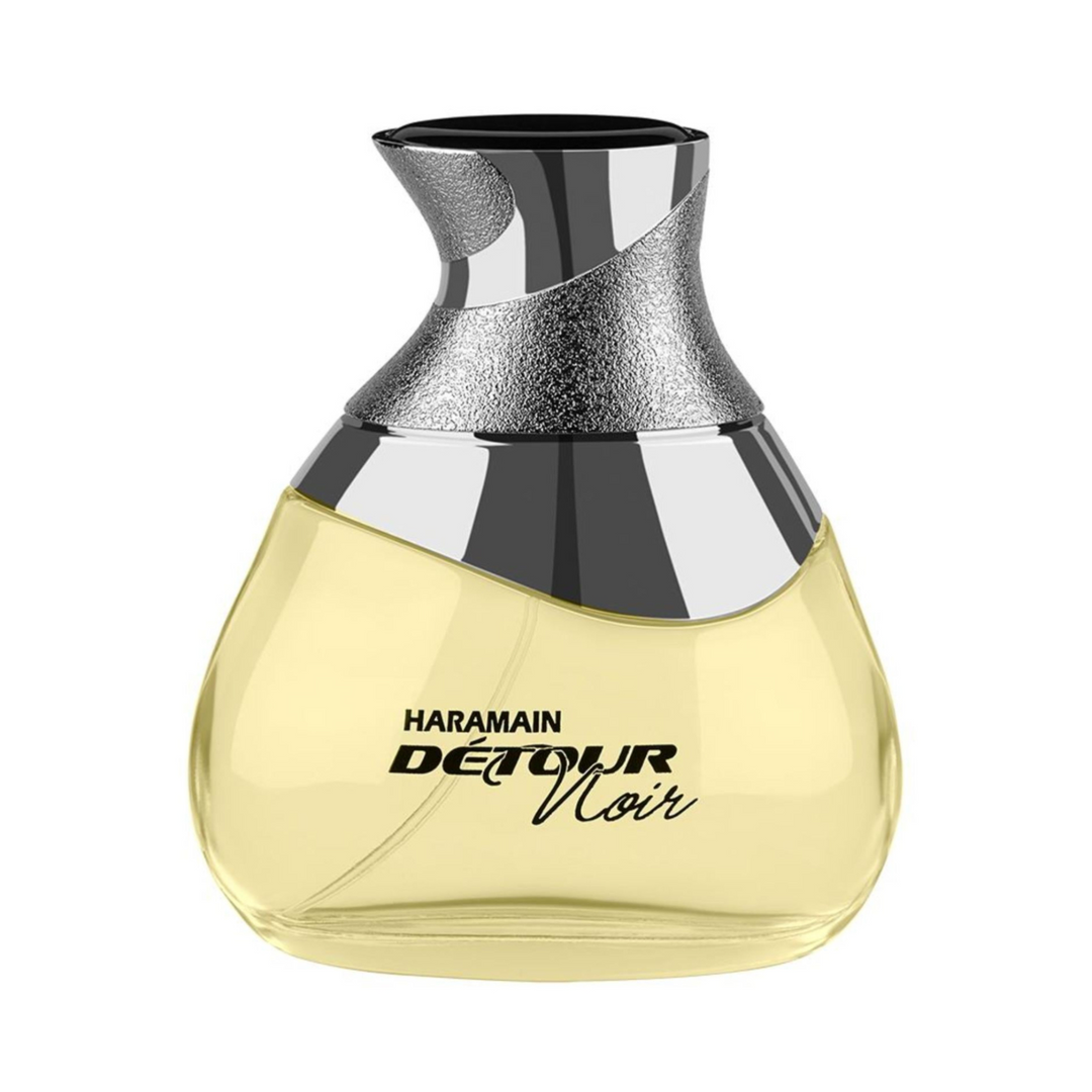 Al Haramain Detour Noir EDP 100ml perfume bottle straight front view – fresh spicy woody masculine fragrance with top notes bergamot grapefruit lemon, heart of lavender rosemary violet leaf, base of cedarwood amber musk patchouli