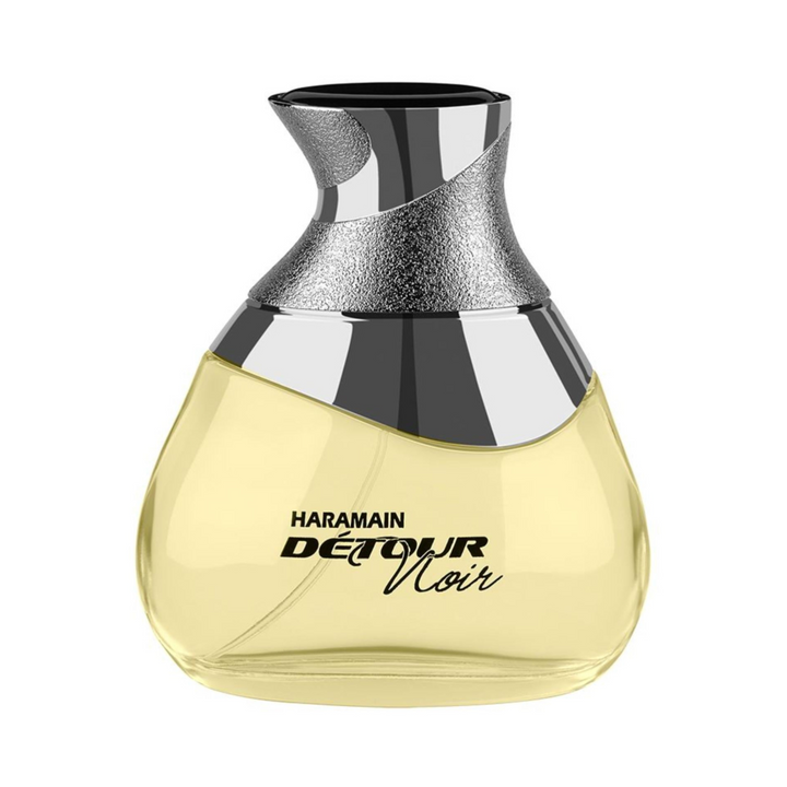Al Haramain Detour Noir EDP 100ml perfume bottle straight front view – fresh spicy woody masculine fragrance with top notes bergamot grapefruit lemon, heart of lavender rosemary violet leaf, base of cedarwood amber musk patchouli