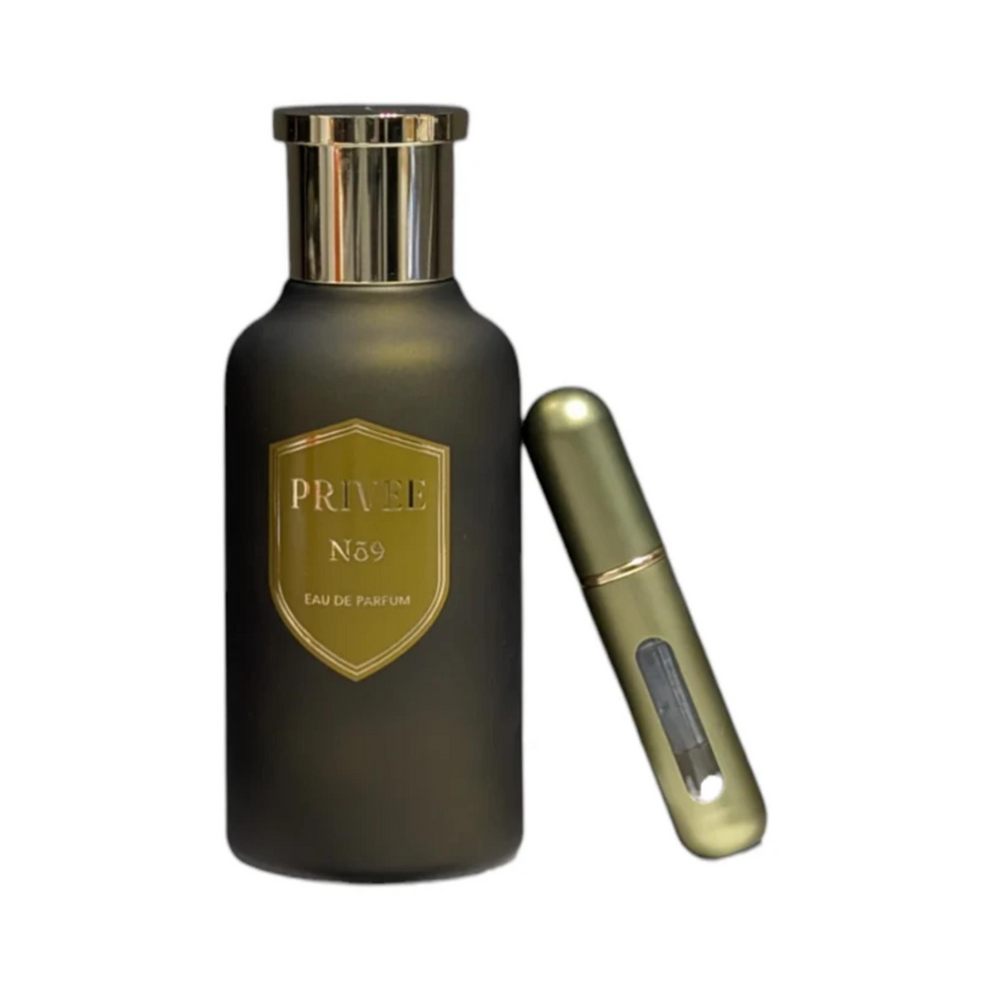 Flavia Privee No.9 EDP 100ml perfume bottle straight front view with small travel tester – elegant long lasting oriental floral scent with bergamot mandarin pink pepper, rose jasmine patchouli, amber musk sandalwood vanilla
