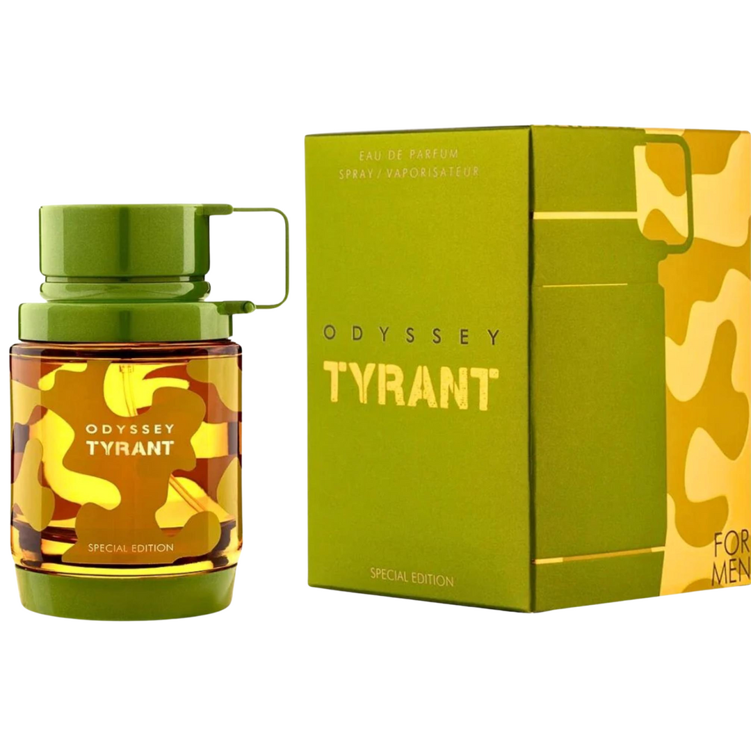 Armaf Odyssey Tyrant EDP 100ml perfume bottle and box slight side angle – powerful long lasting fresh spicy woody scent with grapefruit bergamot pink pepper, lavender geranium patchouli, amber cedarwood sandalwood musk