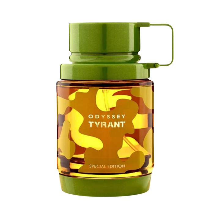 Straight front view of Armaf Odyssey Tyrant EDP 100ml perfume bottle – bold fresh spicy woody masculine fragrance with top notes grapefruit bergamot pink pepper, heart of lavender geranium patchouli, base of amber cedarwood sandalwood musk