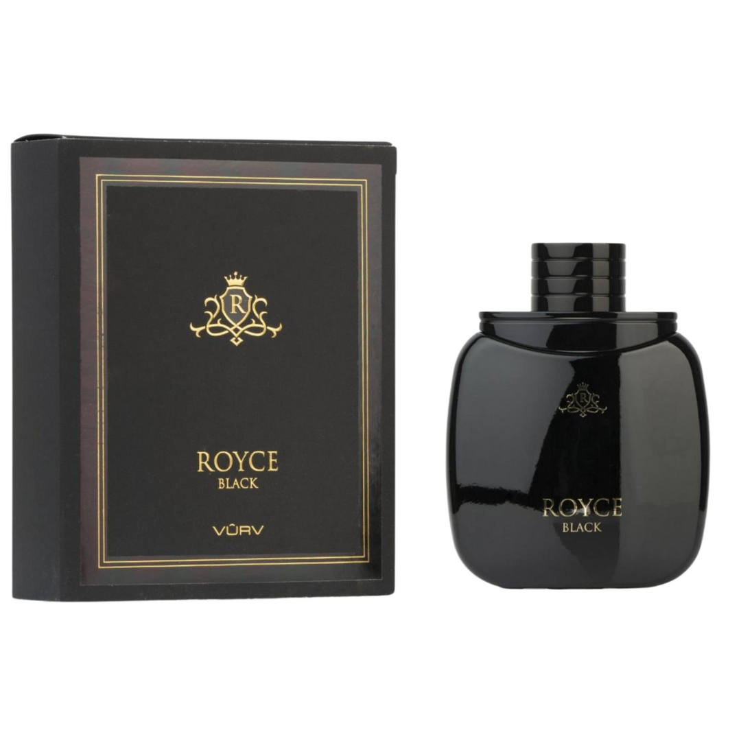 Vurv Royce Black by Lattafa EDP 100ml perfume bottle and box slight side angle – bold long lasting oriental woody scent with bergamot lemon black pepper, lavender cedarwood patchouli, amber musk sandalwood leather