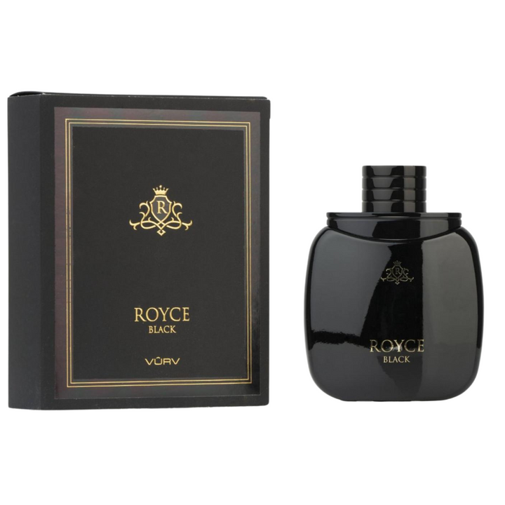 Vurv Royce Black by Lattafa EDP 100ml perfume bottle and box slight side angle – bold long lasting oriental woody scent with bergamot lemon black pepper, lavender cedarwood patchouli, amber musk sandalwood leather