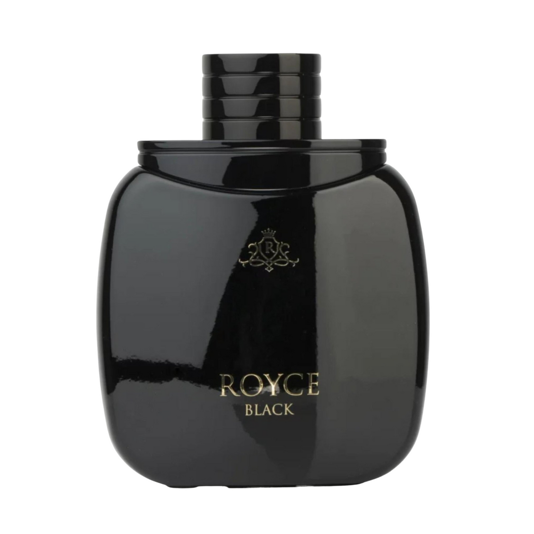 Straight front view of Vurv Royce Black by Lattafa EDP 100ml perfume bottle – powerful oriental woody masculine fragrance with top notes bergamot lemon black pepper, heart of lavender cedarwood patchouli, base of amber musk sandalwood leather