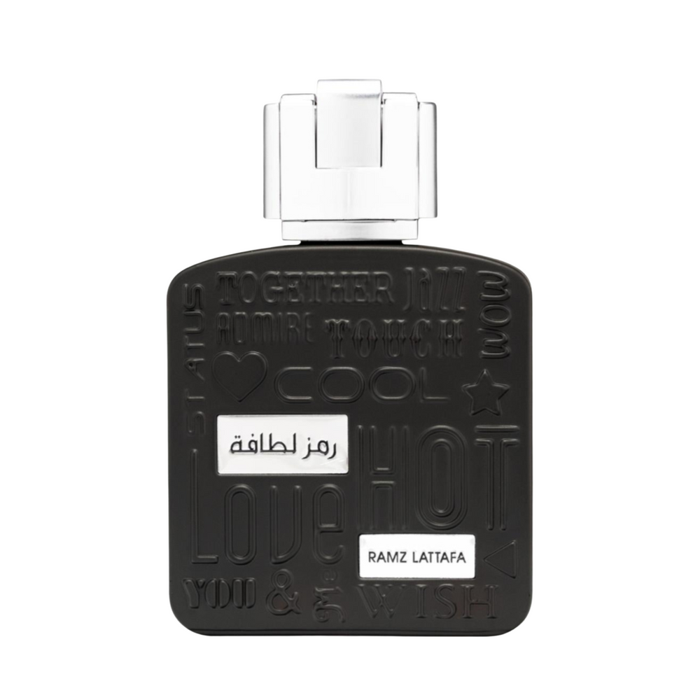 Straight front view of Lattafa Ramz Silver EDP 100ml perfume bottle – sophisticated long lasting fresh citrus woody scent with grapefruit pineapple lemon, lavender cedarwood patchouli, amber tonka bean musk vanilla