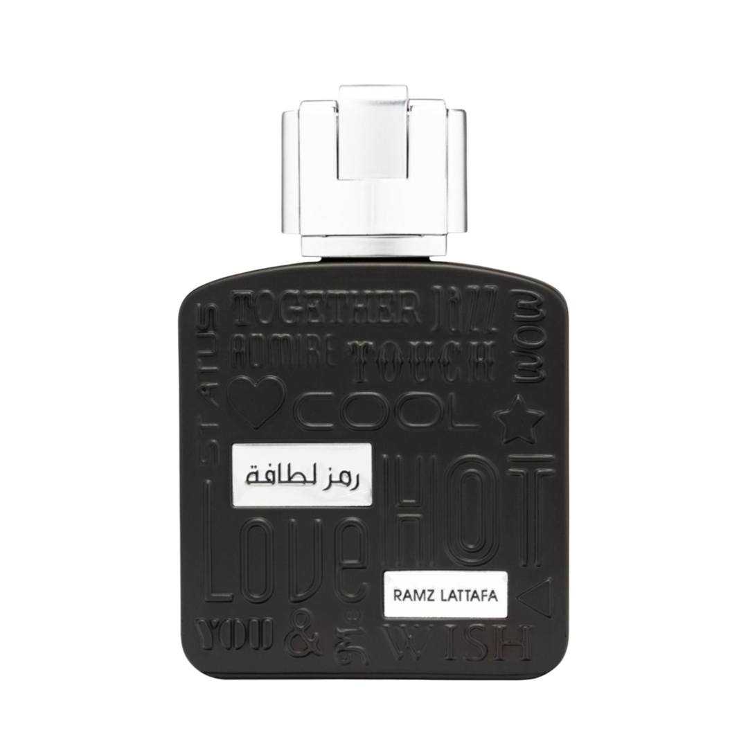 Straight front view of Lattafa Ramz Silver EDP 100ml perfume bottle – sophisticated long lasting fresh citrus woody scent with grapefruit pineapple lemon, lavender cedarwood patchouli, amber tonka bean musk vanilla