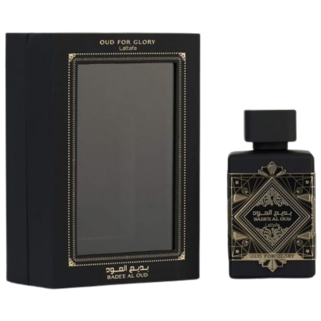 Lattafa Oud For Glory EDP 100ml perfume bottle and box slight side angle – powerful long lasting oriental woody scent with saffron nutmeg lavender, oud patchouli, musk amber agarwood