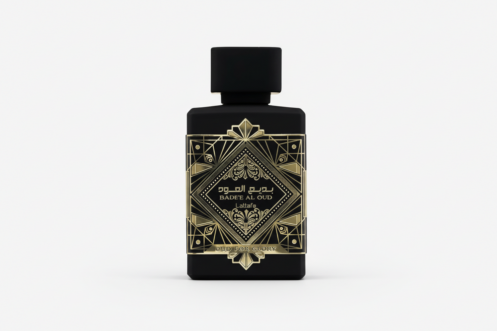 Lattafa Oud For Glory EDP 100ml perfume bottle straight front view – luxurious rich oriental woody fragrance with top notes saffron nutmeg lavender, heart of oud patchouli, base of musk amber agarwood