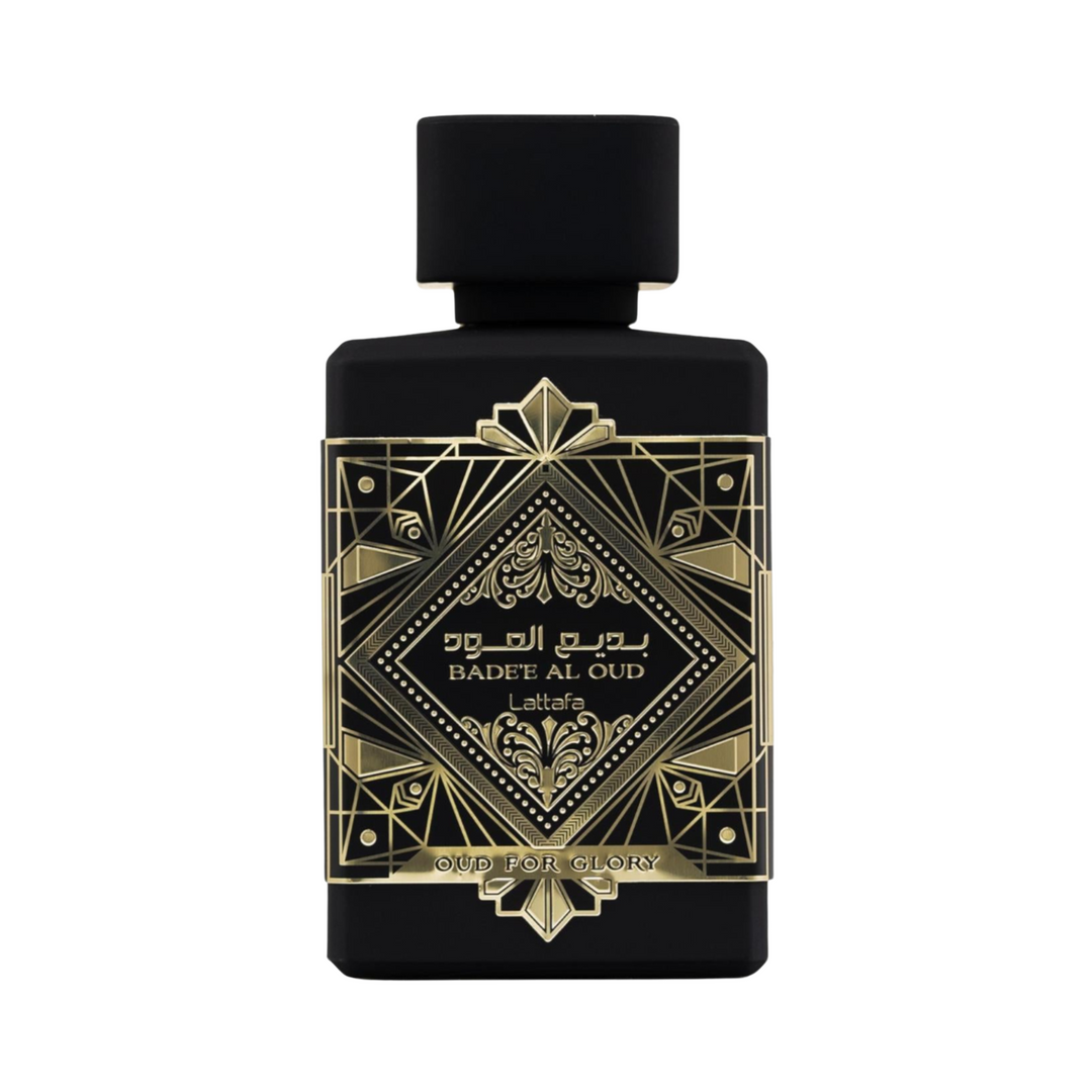 Lattafa Oud For Glory EDP 100ml perfume bottle straight front view – luxurious rich oriental woody fragrance with top notes saffron nutmeg lavender, heart of oud patchouli, base of musk amber agarwood