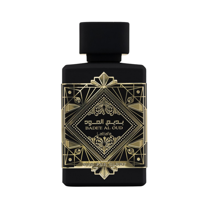 Lattafa Oud For Glory EDP 100ml perfume bottle straight front view – luxurious rich oriental woody fragrance with top notes saffron nutmeg lavender, heart of oud patchouli, base of musk amber agarwood