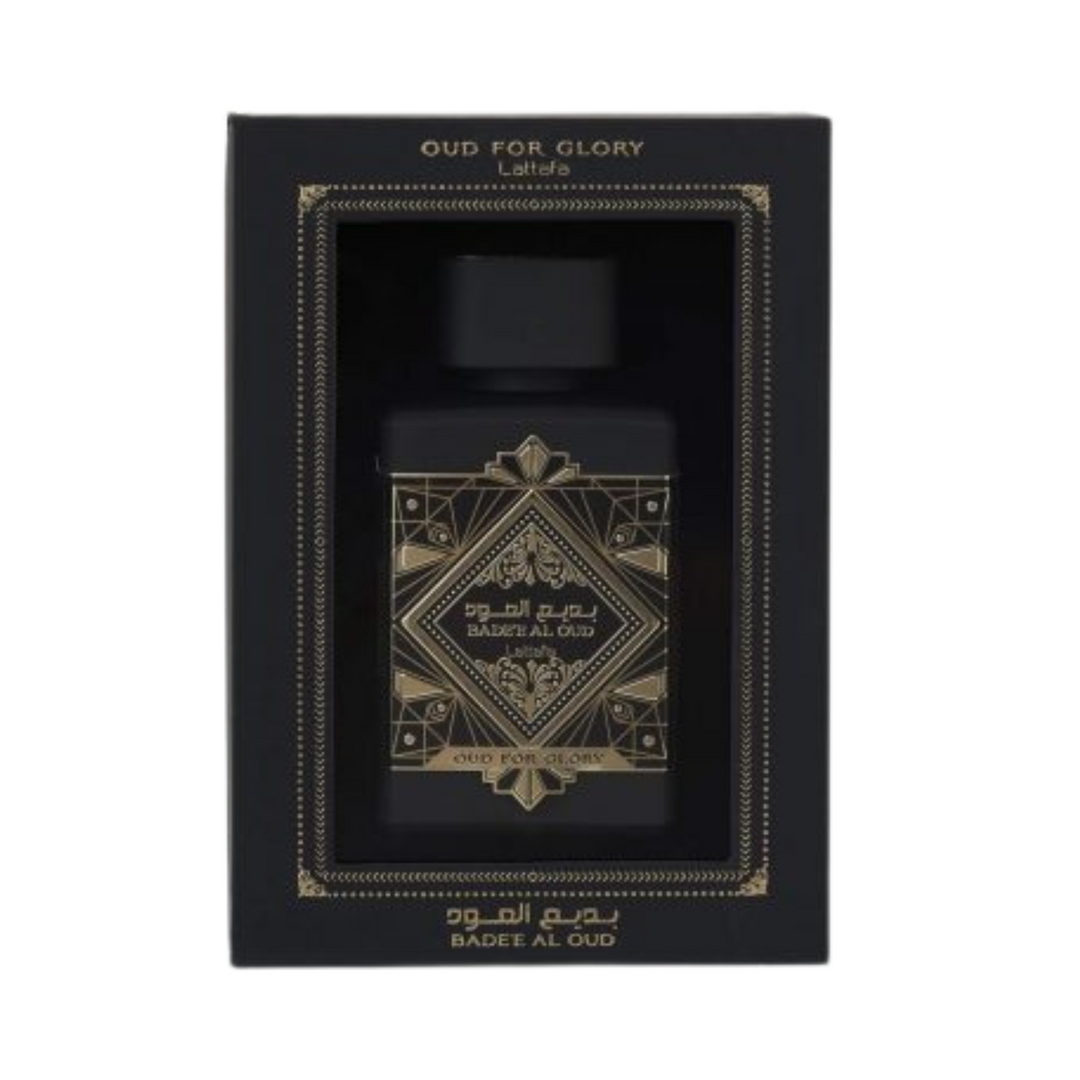 Lattafa Oud For Glory EDP 100ml perfume bottle inside box – elegant packaging for oriental woody fragrance with saffron nutmeg lavender, oud patchouli, musk amber agarwood