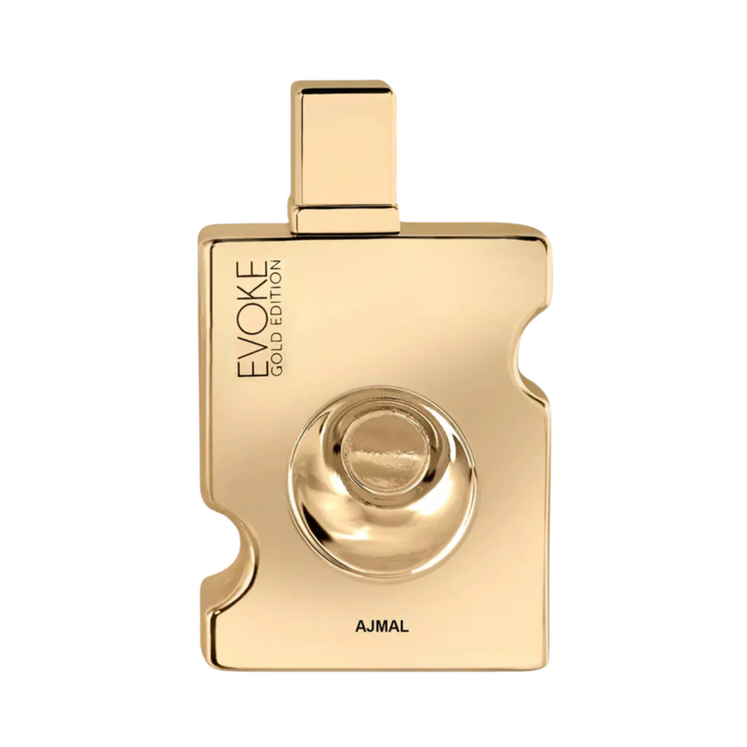Straight front view of Ajmal Evoke Gold For Him EDP 90ml perfume bottle – elegant warm woody masculine fragrance