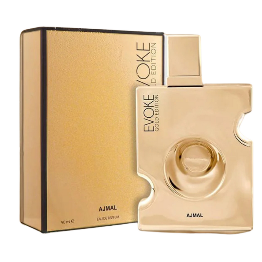 Ajmal Evoke Gold For Him EDP 90ml perfume bottle and box slight side angle – luxurious warm woody scent for men