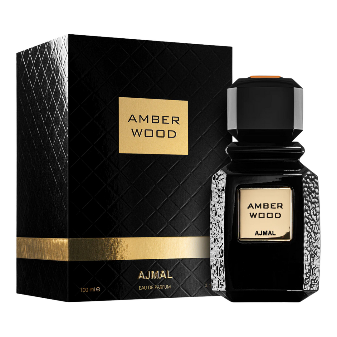 Ajmal Amber Wood EDP 100ml perfume bottle and box slight side angle – rich warm woody oriental scent