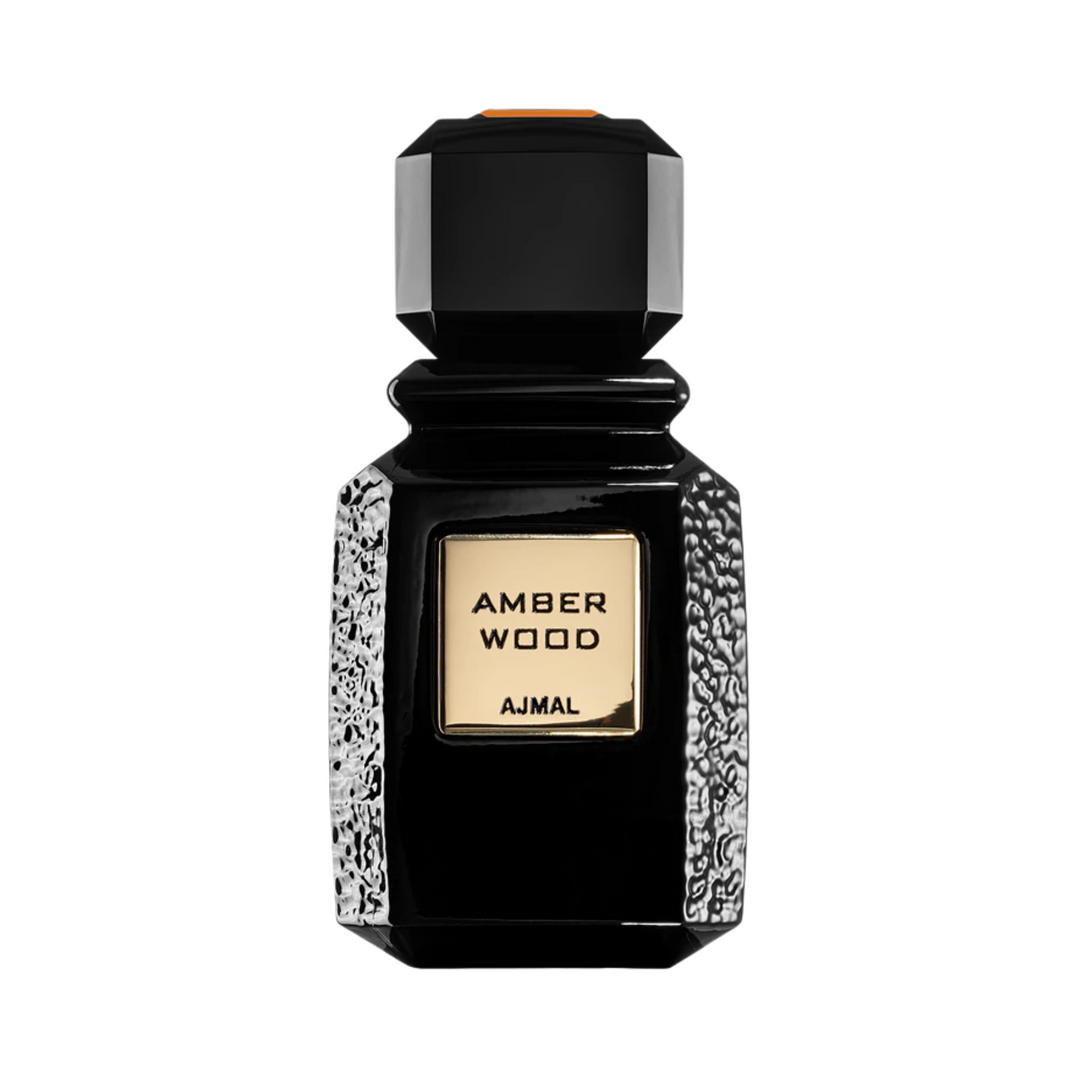 Straight front view of Ajmal Amber Wood EDP 100ml perfume bottle – luxurious warm woody oriental fragrance