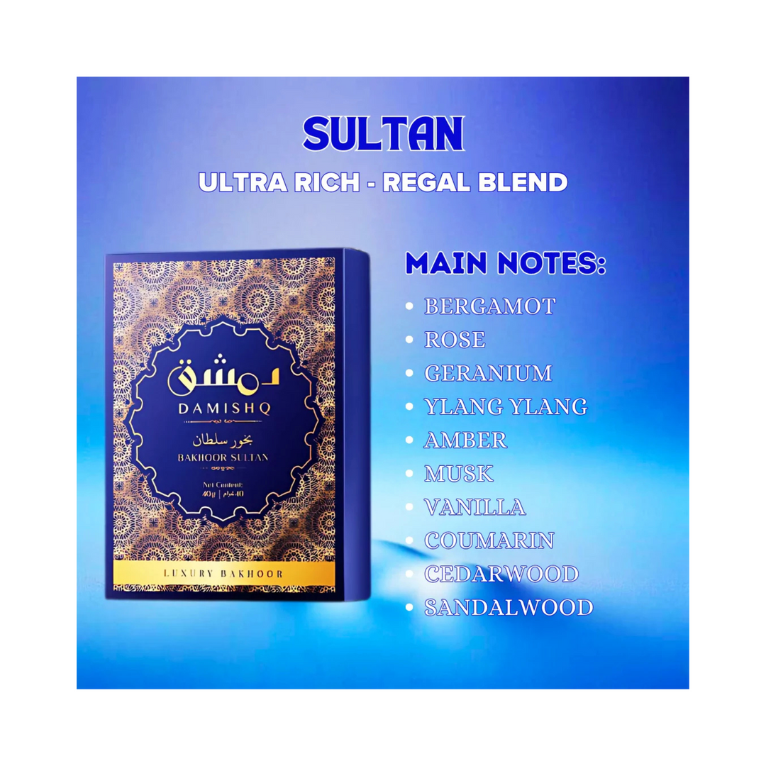 Damishq Bakhoor Sultan main notes bergamot, rose, geranium, ylang ylang, amber, vanilla, coumarin, cedarwood, sandalwood – rich floral woody sweet scent