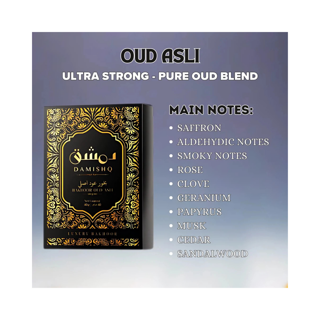 Damishq Bakhoor Oud Asli main notes saffron, aldehydic notes, smoky notes, rose, clove, geranium, papyrus, musk, cedar, sandalwood – deep woody floral spicy scent