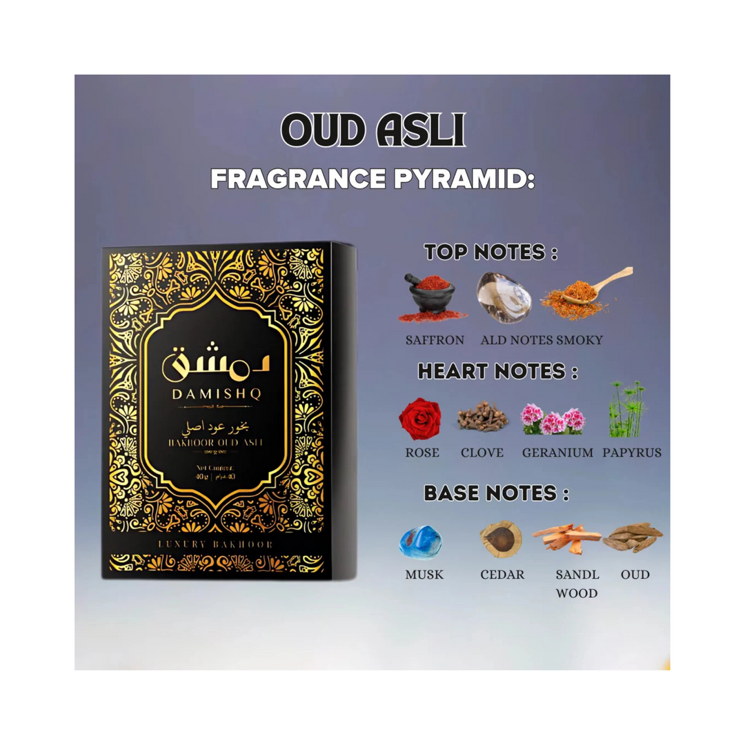 Damishq Bakhoor Oud Asli fragrance pyramid – top notes saffron aldehydic smoky, heart notes rose clove geranium papyrus, base notes musk cedar sandalwood oud
