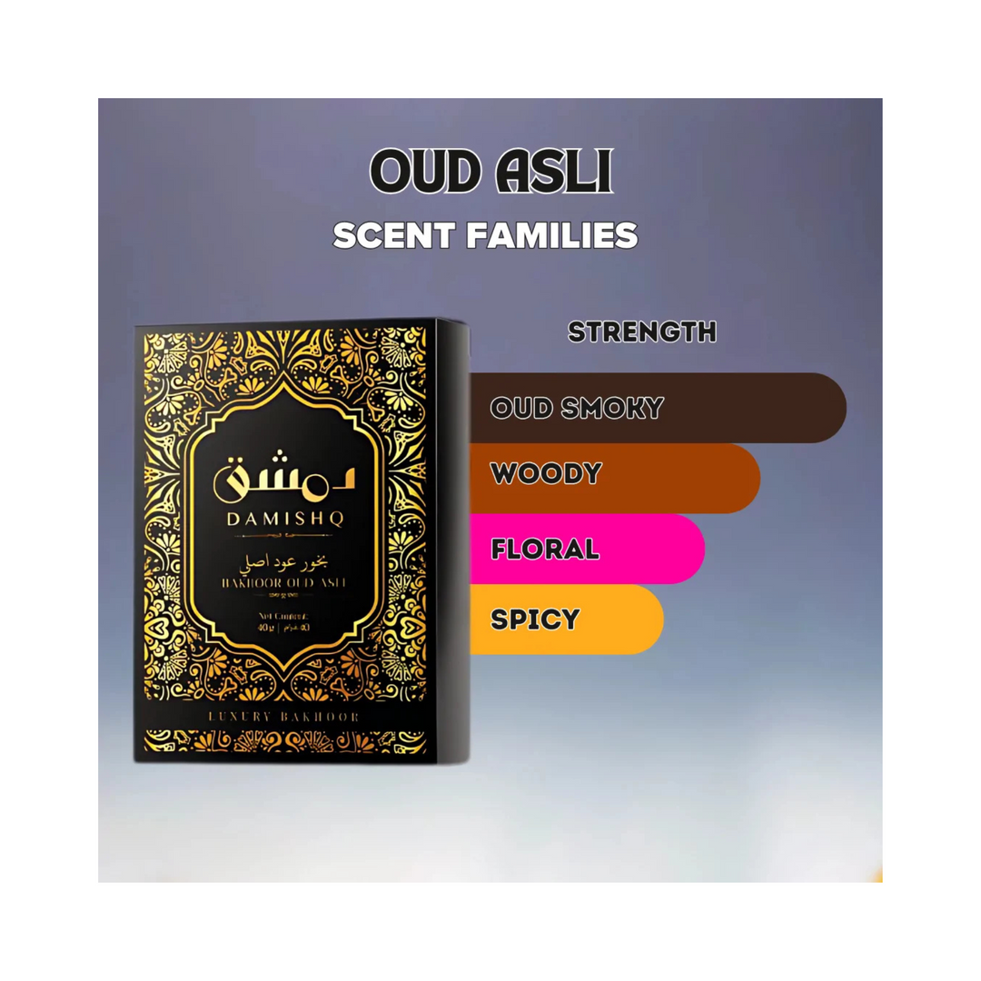 Damishq Bakhoor Oud Asli box showing scent family oud smoky, woody, floral, spicy – rich oriental home fragrance