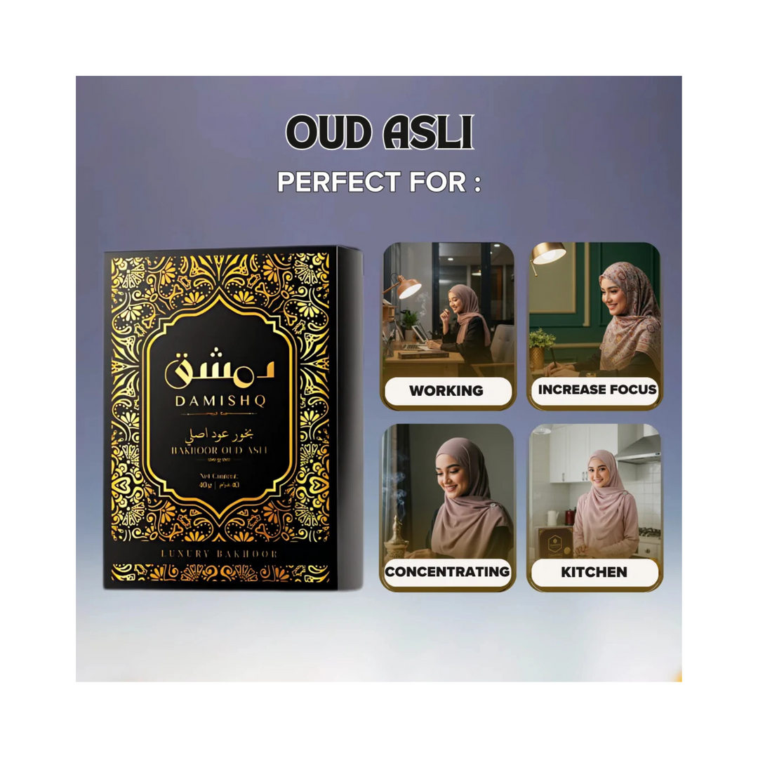 Damishq Bakhoor Oud Asli perfect for working, increasing focus, concentrating, kitchen – elegant smoky oud home aroma