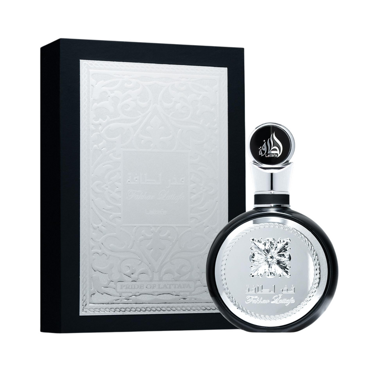 Lattafa Fakhar Black EDP 100ml perfume bottle and box – bold oriental woody masculine fragrance with top notes bergamot black pepper lemon, heart of lavender geranium cedarwood, base of amber musk patchouli sandalwood