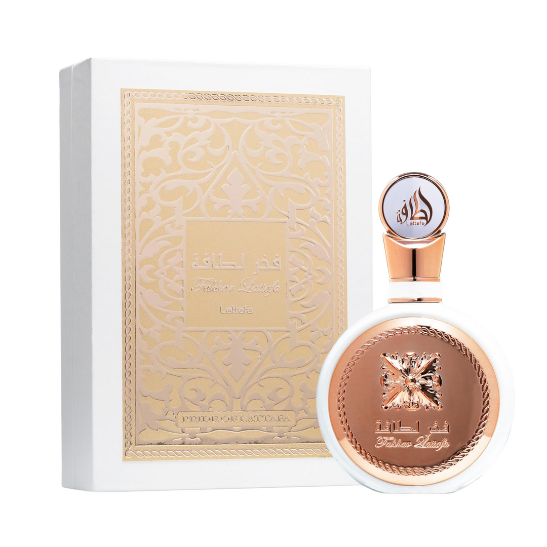 Lattafa Fakhar Rose EDP 100ml perfume bottle and box – elegant floral fruity fragrance with top notes pear pink pepper bergamot, heart of rose jasmine peony, base of vanilla musk sandalwood amber