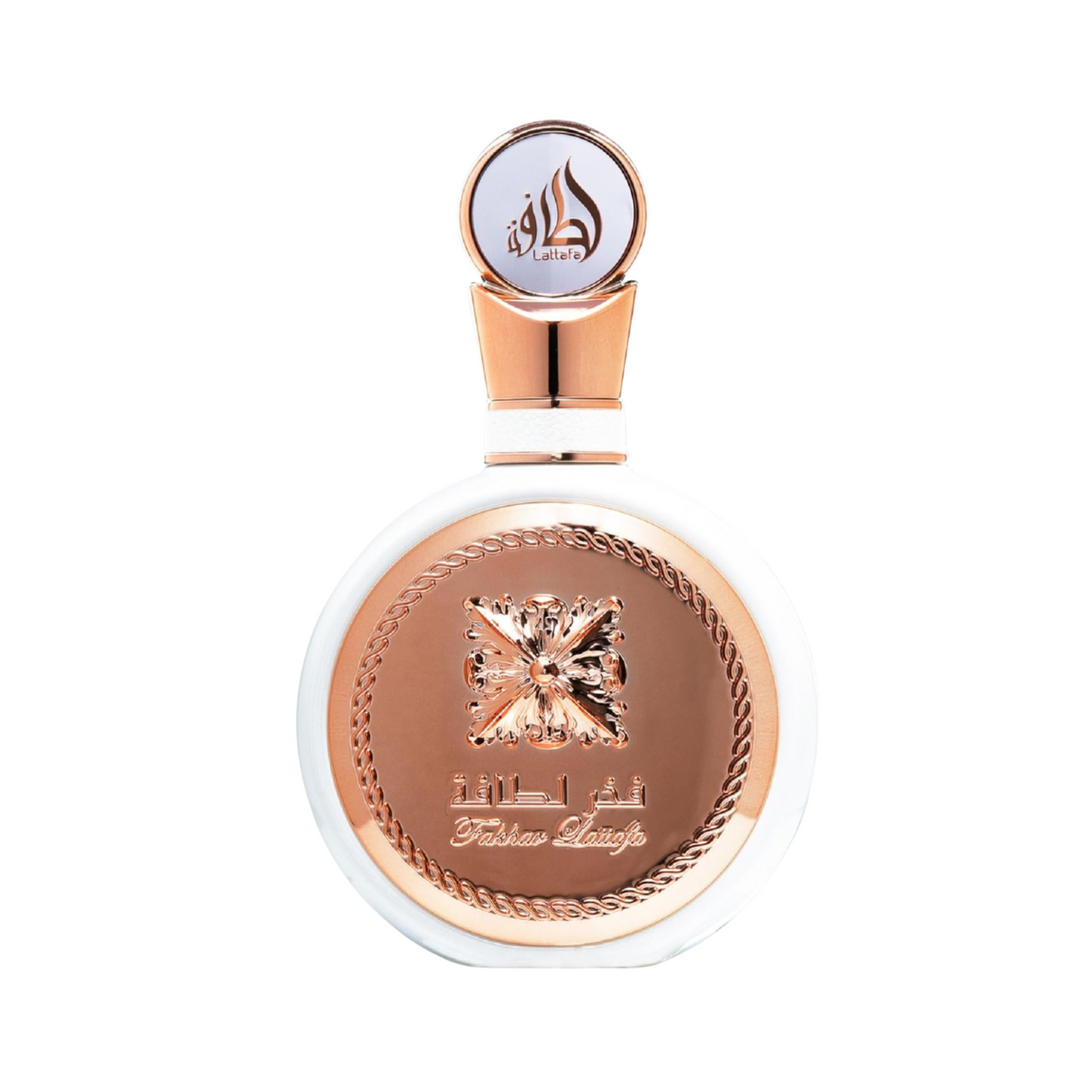 Lattafa Fakhar Rose EDP 100ml perfume bottle straight front view – sophisticated long lasting floral fruity scent with pear pink pepper bergamot, rose jasmine peony, vanilla musk sandalwood amber