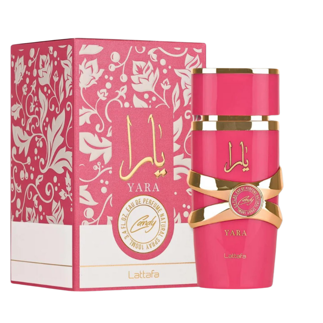 Lattafa Yara Candy EDP 100ml perfume bottle and box slight side angle – playful long lasting sweet fruity floral scent with candy floss pear peach, jasmine rose violet, vanilla musk sandalwood