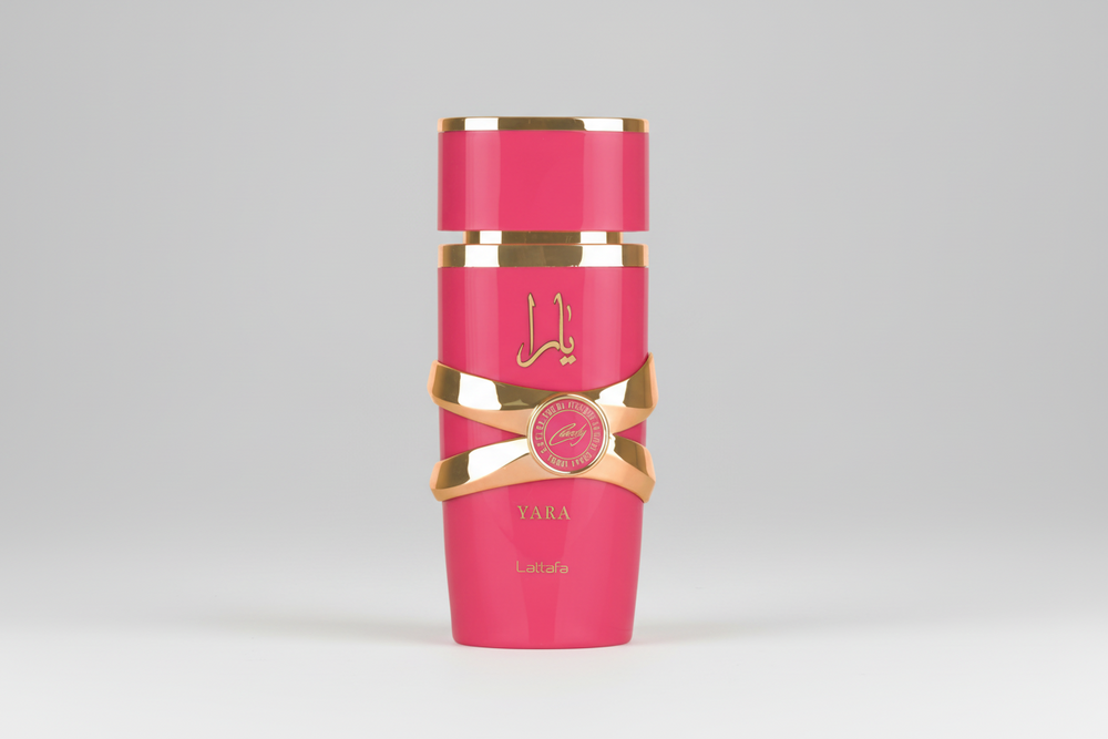 Straight front view of Lattafa Yara Candy EDP 100ml perfume bottle – delicious sweet fruity floral fragrance with candy floss pear peach, jasmine rose violet, vanilla musk sandalwood