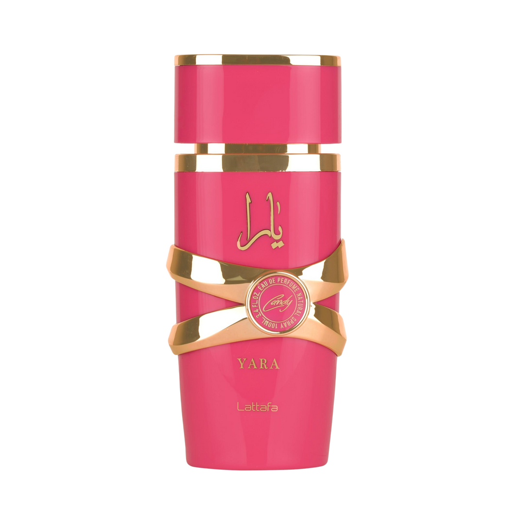 Straight front view of Lattafa Yara Candy EDP 100ml perfume bottle – delicious sweet fruity floral fragrance with candy floss pear peach, jasmine rose violet, vanilla musk sandalwood