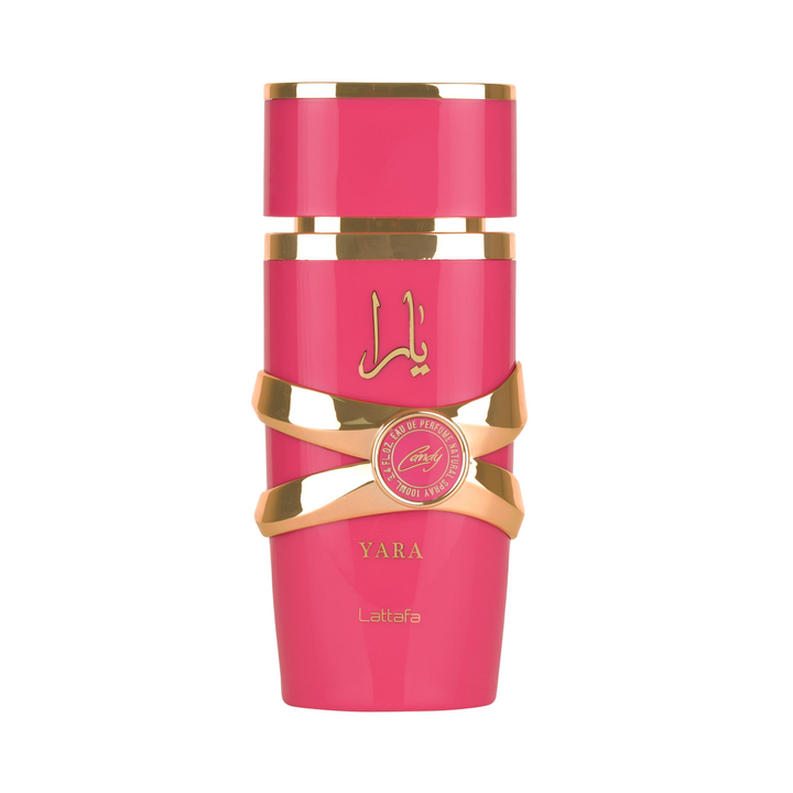 Straight front view of Lattafa Yara Candy EDP 100ml perfume bottle – delicious sweet fruity floral fragrance with candy floss pear peach, jasmine rose violet, vanilla musk sandalwood