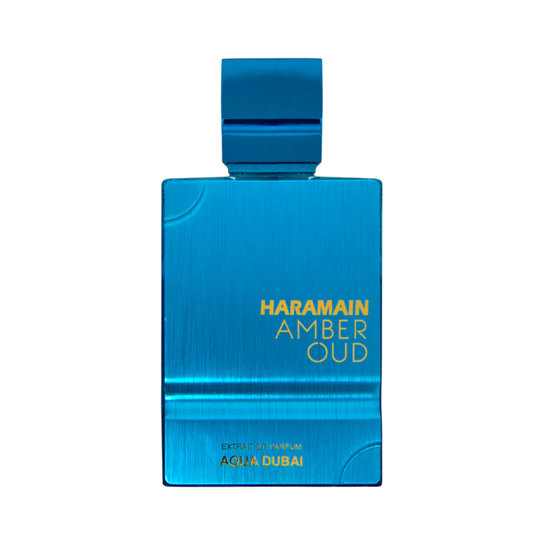 Straight front view of Al Haramain Amber Oud Aqua Dubai EDP 120ml perfume bottle – fresh aquatic woody fragrance with top notes lemon mint pink pepper, heart of jasmine ginger nutmeg, base of ambergris sandalwood cedarwood musk