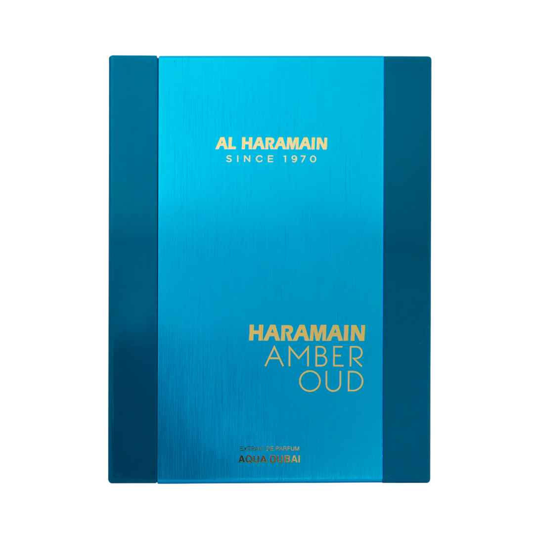 Al Haramain Amber Oud Aqua Dubai EDP 120ml perfume box front view – elegant packaging for fresh aquatic woody fragrance with lemon mint pink pepper, jasmine ginger nutmeg, ambergris sandalwood cedarwood musk