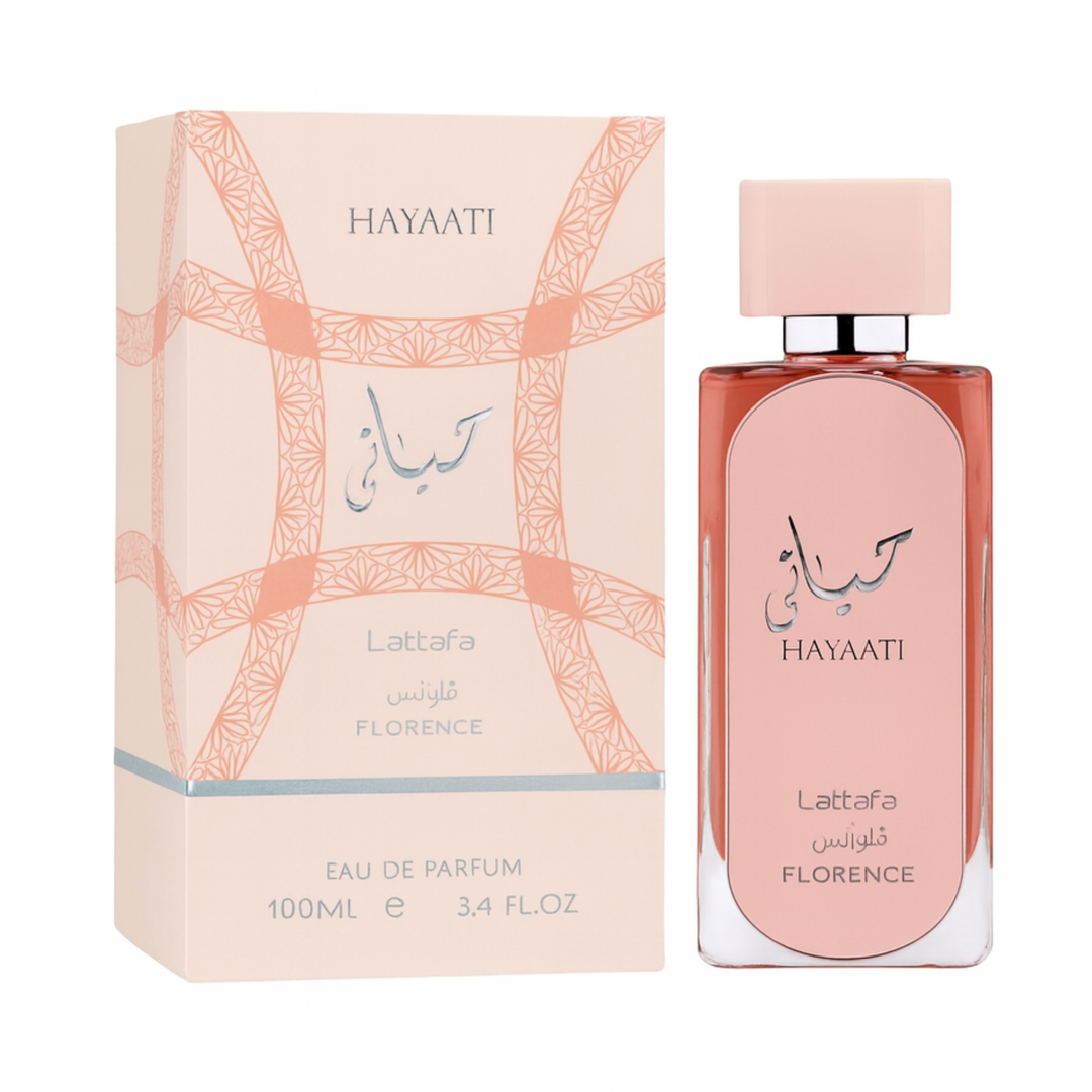 Lattafa Hayaati Florence EDP 100ml perfume bottle and box – elegant floral fruity feminine fragrance