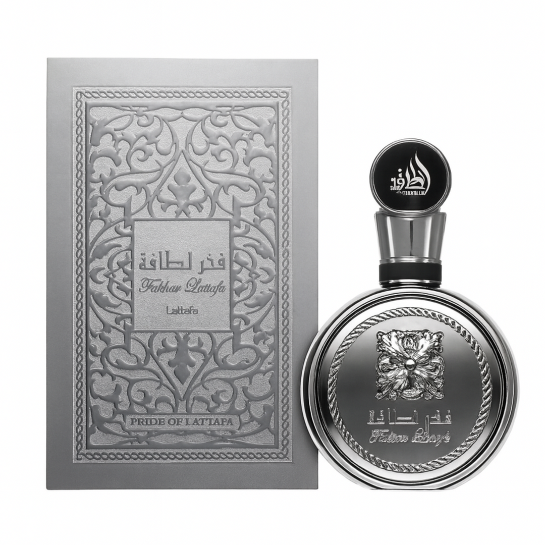 Lattafa Fakhar Platinum EDP 100ml perfume bottle and box – elegant long lasting masculine fragrance